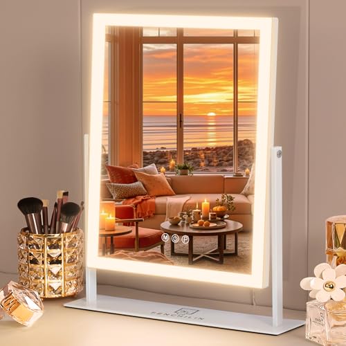 FENCHILIN Vanity Mirror with Lights 16.14" x 11.81",Lighted Makeup Mirror and Hollywood Mirror with Smart Touch Control 3 Colors Dimmable LED Light, 360¡ÆRotation 10X Magnification(White)
