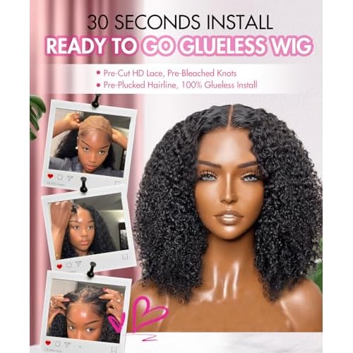 larima Glueless Wigs Human Hair Pre Plucked Pre Cut Curly Human Hair Wig Wear and Go Glueless Wigs Bleach Knots 200% Density 6X5 HD Lace Front Wig Virgin Hair Natural Color Curly Wig 16inch