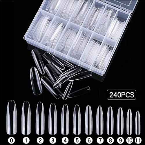 LoveOurHome 240pc XL Clear Almond Acrylic Nail Tips Full Cover Extra Long Fake Nails Oval Press on Nail Clear 12 Size False Naills for Gel Nail Extension Finernails Designs