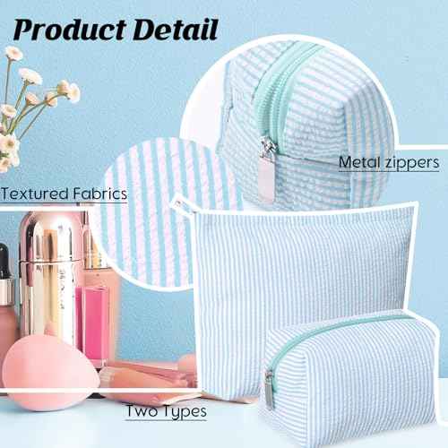 2 Pieces Makeup Bag Set Cute Cosmetic Pouch for Women Seersucker Travel Toiletry Bag Preppy Small Makeup Purse Pouch Aesthetic Skincare Brushes Storage Organizer for Women(Light Blue)