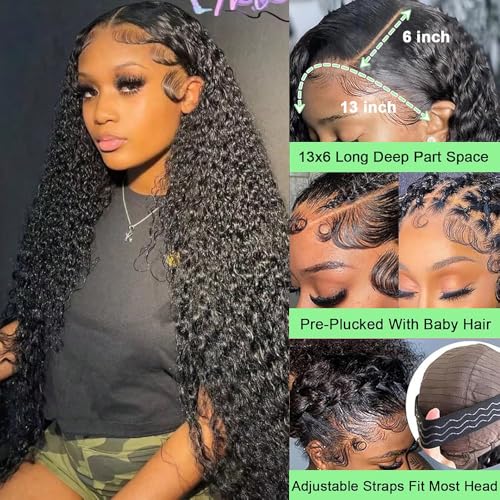 13x6 Deep Wave Lace Front Wigs Human Hair 200 Density HD Lace Front Wigs Human Hair Glueless Deep Curly Wig Frontal Wigs Human Hair Pre Plucked for Women 24inch