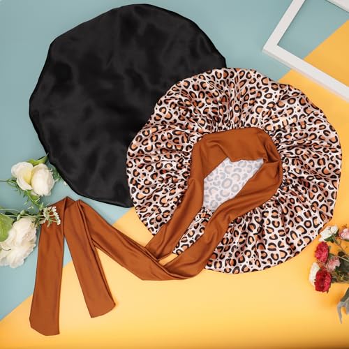 2 Pcs Satin Silk Bonnets for Women,Hair Bonnet with Tie Band,Silk Bonnet Sleeping Cap for Curly Hair,Black & Leopard