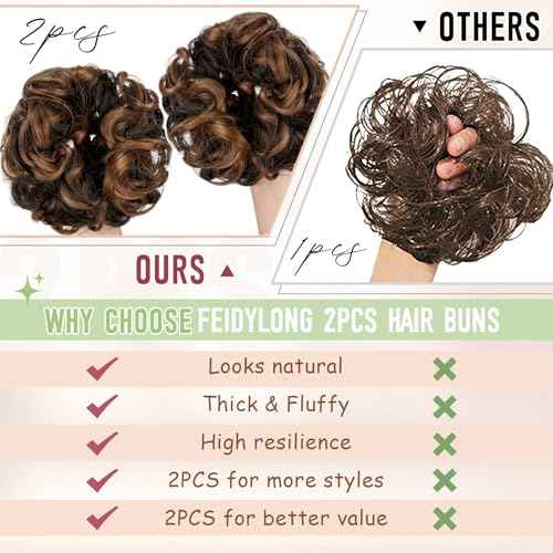 2 PCS Messy Bun Hair Piece Wavy Curly Hair Bun Scrunchies Extensions Synthetic Chignon Thick Updo Hairpieces for Women Girls(Dark Brown Mix Light Auburn)