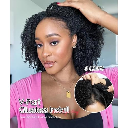 QUEEN VIRGIN REMY QVR Lace V-Part Wig Human Hair Kinky Curly No Leave Out V Shape Full Head Clip In Half Wig with Drawstring Natural Black Curly U Part Human Hair Wig for Black Women 14 Inch
