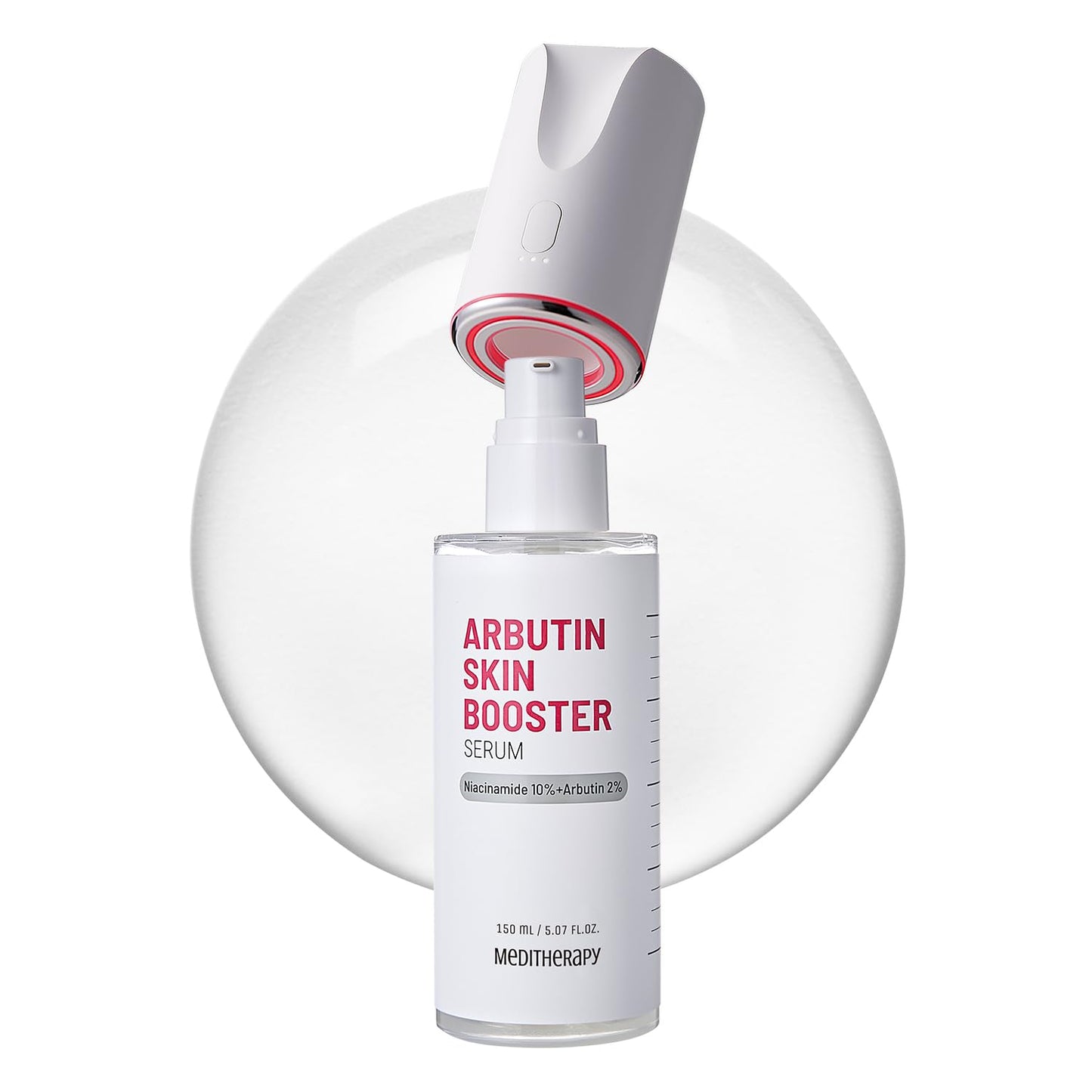 MEDITHERAPY Arbutin Skin Booster Serum + Device 5.07 fl. oz - Korean Face Serum with 10% Niacinamide and 2% Arbutin - At Home Face Massager Tool for Radiant Glow Skin - Boosts Skin Absorption by 770%