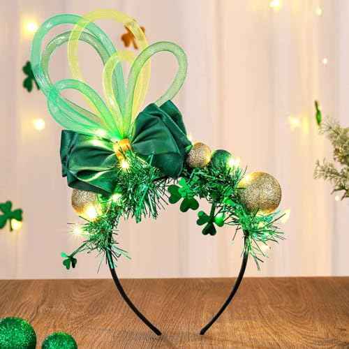 Light Up Balls Headbands LED Green Shamrock Clover Hairbands Xmas Hat Bow Hair Hoops St. Patrick's Day Head bands for Fashion Party Holiday Costume
