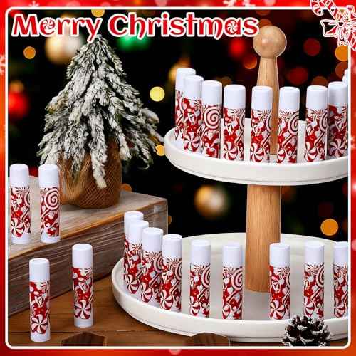 25 Pack Christmas Lip Balms Bulk Christmas Candy Peppermint Cane Scented Holiday Flavor Lip Balm Gifts Xmas Party Gifts Bulk Xmas Items Stocking Stuffers for Women Men Staff Employee (Lollipop 1)