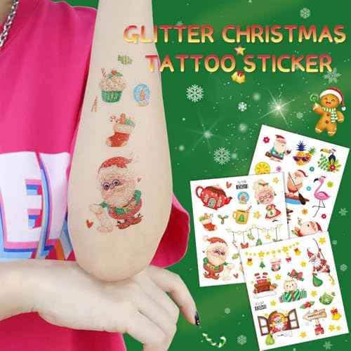 360 Styles Glitter Christmas Tattoos for Kids, Waterproof Temporary Tattoos Stickers for Kids Birthday Party Decorations Favors, Christmas Eve Goodie Bag Fillers(24 Sheets)