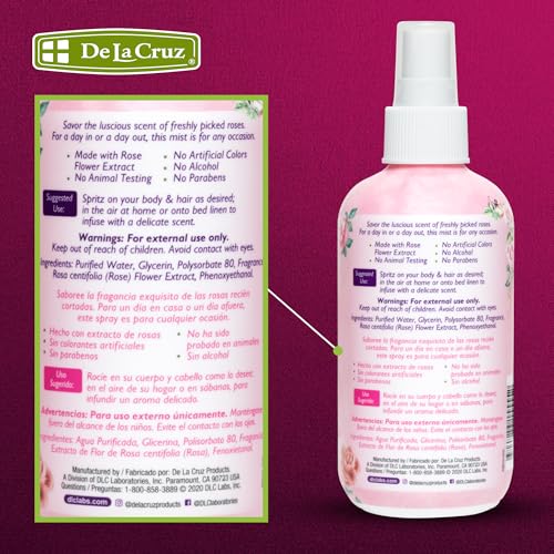 De La Cruz Pure Rose Water Body Mist,Rosewater Spray for Face, Skin & Hair,Toner & Rose Water for Hair Alcohol Free, Paraben Free 8 fl oz (1 Bottles)