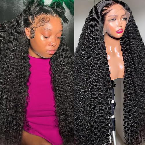 BIANFA 13x6 Natural Black Deep Wave Lace Front Wigs Human Hair 220% Density Curly HD Transparent Lace Frontal Glueless Wigs for Women 18Inch