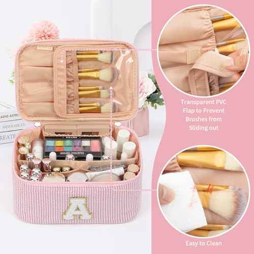 OCHEAL Makeup Bag for Women, Monogram Cosmetic Bag with Brush Holder, Pink Travel Makeup Case Beauty Toiletry Bag Organizer Personalized Gifts for Girls Bridesmaid, Sister, Wife, Friends Initial A