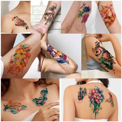 77 Sheets Temporary Tattoo, 17 Sheets Half Arm Flower Lion Tiger Cat Owl Parrot Fake Tattoos for Adults Shoulder Neck, 60 Sheets Tiny Waterproof Temporary Tattoos Realistic for Women Girls and Kids