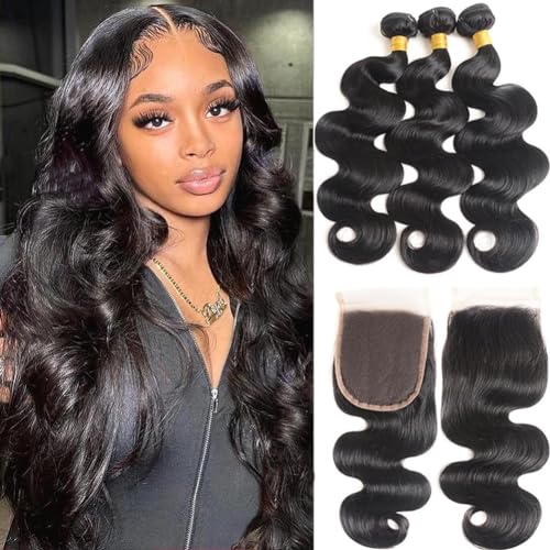 Bundles with Closure Human Hair Body Wave 100% Unprocessed Brazilian Virgin Hair Bundles with Closure£¨16 18 20+14£©Hair Extensions with 4x4 Free Part Lace