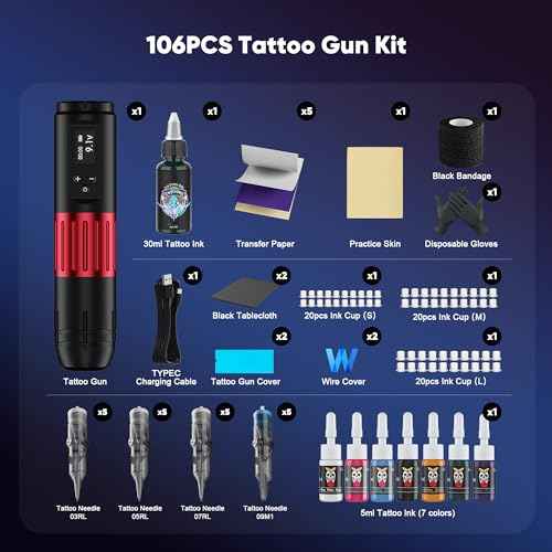 Professional Tattoo Gun Machine Kit, Wireless Rotary Tattoo Pen with 1,600 mAH Digital LED Display, Complete Beginner Tattoo Set with 20Pcs Cartridge Needles