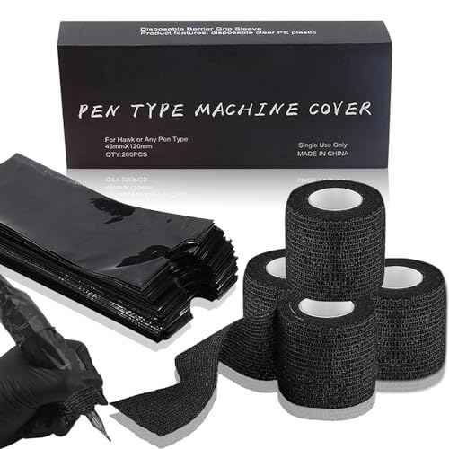 200PCS Pen Covers with 4PCS Grip Tape - CINRA Machine Cover Bags Black Tattoo Pen Covers Sleeves with Black Grip Cover Wrap Self-Adherent Tape Plastic Covers for Tattoo Machine Tattoo Supplies