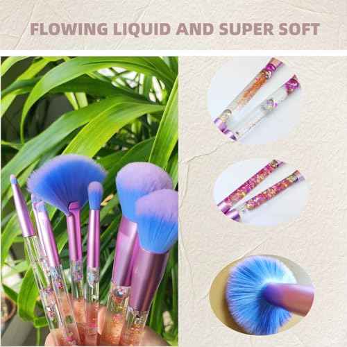 Unicorn Fan Makeup Brush Set,Crystal Sparkles Blue Blush Powder Fan Lip Eye Shadow Eyebrow Eye Blender Brush in Set