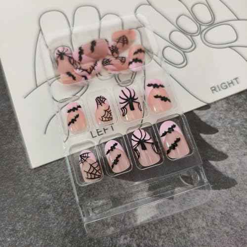 24Pcs Halloween Press on Nails Almond Short Pink French Tip Fake Nails Cute Pumpkin Bat False Nail with Designs Full Cover Spider Web Glue on Nails Reusable Artificial Nail for Women DIY Manicure