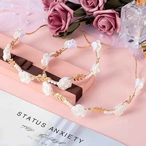 OIIKI 2Pcs Rose Hairband for Women, Metal Gold White Flower Floral Headbands, Pearl Hair Band Headpiece Hair Jewelry Accessories for Women Bride Valentine Wedding Engagement Birthday Christmas