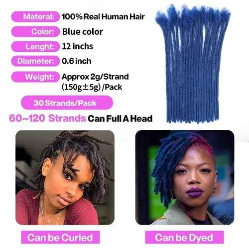 6-18 Inch Dreadlock Extensions Human Hair Fully Handmade Human Hair Dreadlock Extensions for Man/Women Locs Extensions Human Hair Can Be Dyed Bleached Curled… (0.6CM Width-blue, 12Inch-30Strands)