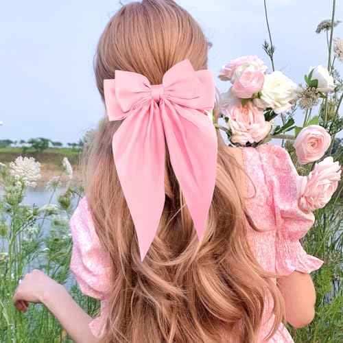 Zkptops 4Pcs Hair Bow Clips for Women Girls Silky Satin Bow Hair Clips Hair Ribbon with Long Tail Cute Oversized Hair Clips Soft Large Big Hair Barrettes Hair Accessories (Black Beige Blue Pink)