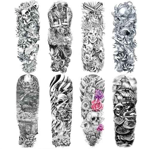 Pirate Skull Fake Tattoo Sleeve for Men, Full Arm Realistic Flower Skeleton Kraken Gun Temporary Tattoo Sleeve Women Adult, Large Black Octopus Sailboat Temp Tatoo Sticker Leg Body Art Makeup, 8-Sheet