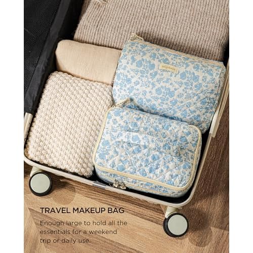 HBselect 2Pcs Travel Makeup Bag, Large Cotton Quilted Makeup Bag Cosmetic Bag Cute Make up Bag Toiletry Bags for Women Girls