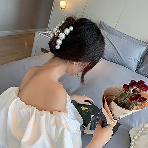 Large Pearl Hair Claw Clips for Strong Hold - Nonslip Champagne Color Hair Jaw Clips for Thick/Thin Hair, Daily Fashion, Birthdays, Weddings - Women's Hair Clip Accessories