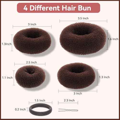 YaFex Hair Bun Maker Kit, Donut Bun Maker 4 Pieces (Large, Medium and Small), 6 Pieces Elastic Hair Ties, 20 Pieces Hair Bobby Pins, Brown