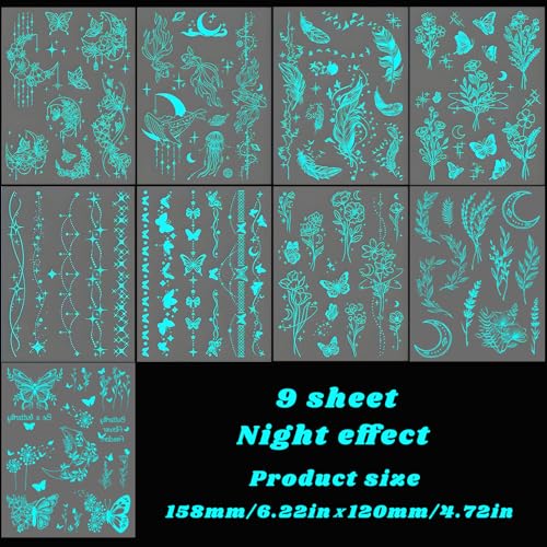 Luminous flower Butterfly Temporary Tattoos For Women Girls,9 Sheets Sexy Lace Fake Necklace Glow In The Dark Tattoo Wings Waterproof Face Body Arm Tattoo, Night Glitter Party Supply