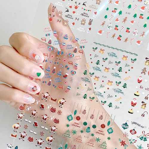 30 Sheets Nail Stickers - 3D Cartoon Christmas Art, Self-Adhesive Decals for Women - Winter Snowflake, Santa Claus, Snowman, Xmas Tree Themes