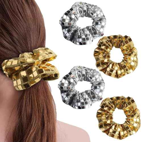 4-Pack Disco Scrunchies, 3.94 Inches Sparkly Sequin Scrunchies Set for Women, Gold Silver