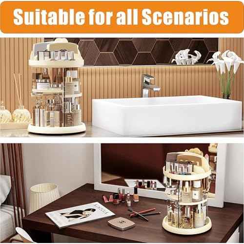 Beige 360 Rotating Makeup Organizer for Vanity - 6 Tier Adjustable Spinning Bathroom Counter Cosmetic Display Cases and Makeup Holder for Palette,Eyeshadow,Brush,Cologne Organizer