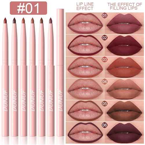 6Pcs Retractable Lip Liner Pencils Set, Mauve Maroon Dark Red Nude Chocolate Brown Plum 6 Rich Pigmented Shades Waterproof & Long-Lasting Creamy Matte Velvet Finish for Shaping & Sculpting Lips (#01)