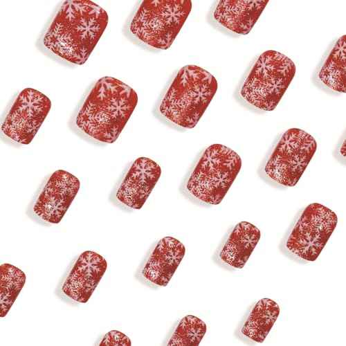 Christmas Red Press on Nails Short Square Fake Nails with Snowflake Designs Red Glossy Artificial Nails Full Cover Stick on Nails Christmas Glue on Nails for Women Nail Art DIY 24Pcs
