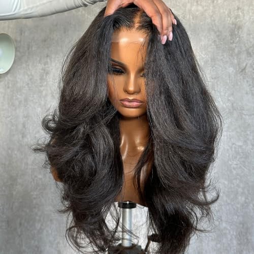 Kinky Straight and Body Wave Wig Glueless Pre Plucked Bleached Knots Lace Front Wig Melted Hairline Ready to Wear 5x5 HD Lace Closure Wigs Human Hair for Women 180% Density (14inches)