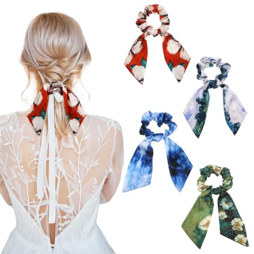 4Pcs Scrunchie with Bow ? Hair Ribbons for Women, Elegant Bow Hair Ties, Soft Ponytail Holders for Women
