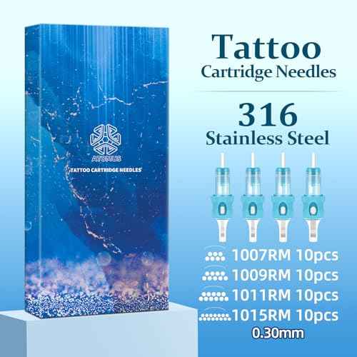 ATOMUS 40pcs Tattoo Cartridge Needles with 20pcs Ink Cups Size #10 RL RS RM Round Liner Silicone Wrapped Tattoo Needles for Tattoo Gun Pen Liner Pattern (7RM+9RM+11RM+15RM)