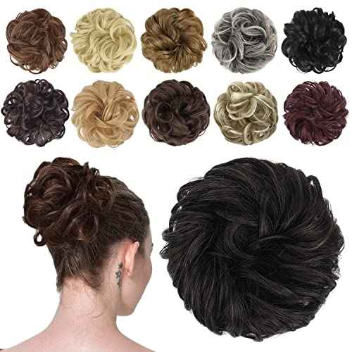 FESHFEN Messy Bun Hair Piece - Elastic Wavy Curly Hair Bun Scrunchies Extensions Synthetic Chignon Hairpieces for Women Girls, Black Brown 1.5 oz