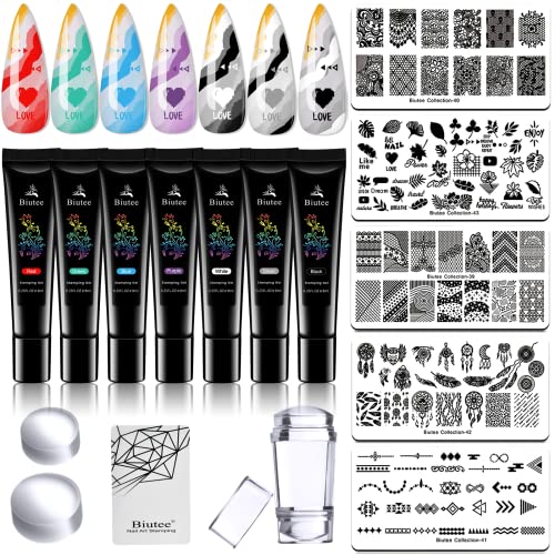 SEISSO 7 Colors Nail Stamping Polish Gel Nail Stamper Kit with 5 Pcs Nail Stamping Plates for Nails Art Stamp Beginners Kitiy