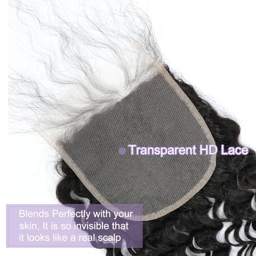 Closure Human Hair 5x5 HD Lace Closure Human Hair Clsoure Deep Wave Transparent HD 5x5 Lace Closure Deep Curly Closure Raw Virgin Human Hair Pre Plucked Natural Black 1B Color 22 Inch