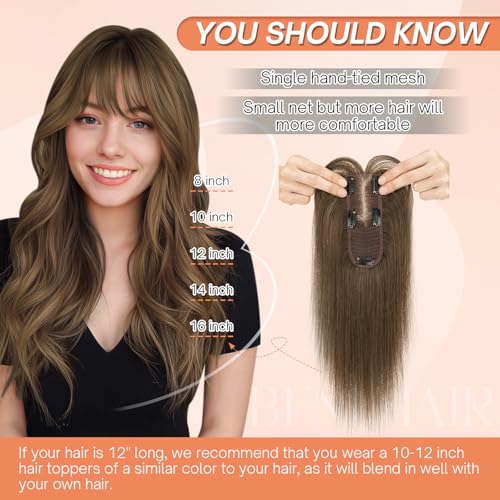 Benehair Hair Toppers for Women Real Human Hair 360¡Æ3D Clip in Bangs Toppers with Bang for Thinning 150% Density Hairpieces Lace Base Long Coverage Wiglet for Daily Use #02 Dark Brown 8Inch