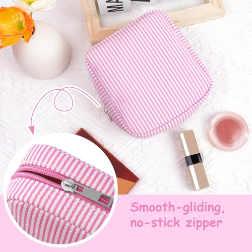 Breteil 2PCS Small Makeup Bag for Purse Cute Make up Bag with Mini Cosmetic Bag with Slip-in Pockets Candy Stripes Makeup Pouch Gifts for Women - Pink
