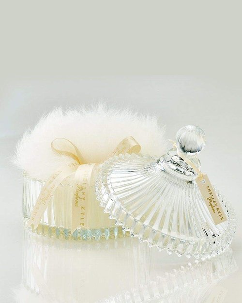 Shelley Kyle Large Handmade Lambs Wool Dusting Powder Puff with Elegant Crystal Dish