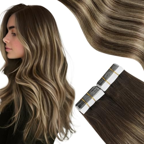 Moresoo Tape in Hair Extensions Human Hair Brown Real Hair Tape Hair Extensions Ombre Dark Brown and Caramel Blonde Human Hair Glue in Fashion Seamless 24 Inch 20Pcs/50g #4/27/4