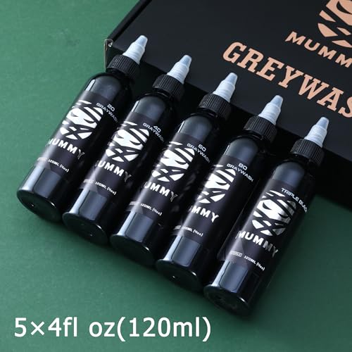 Mummy USA Custom Tattoo Ink Greywash Set,5 Bottles(4oz Each),Evenly Long Lasting Vibrant and Bright, No Irritation(4oz)
