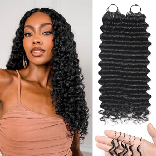 Human Crochet Hair for Black Women 22 Inch 50g Deep wave Crochet Human Hair Bundles Pre-Separated Feather Crochet Human Hair Deep Wavy Invisible Crochet Hair Extensions 40 Strands Natural Black