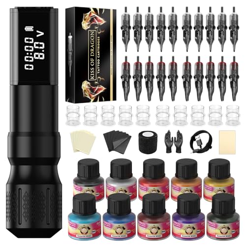 Tattoo Gun Kit-Kiss of Dragon Tattoo Machine, Practice Tattoo Pen for Beginners, 1800mAh Power Supply Tattoo Machine Equipped with Customized High-Precision Motor