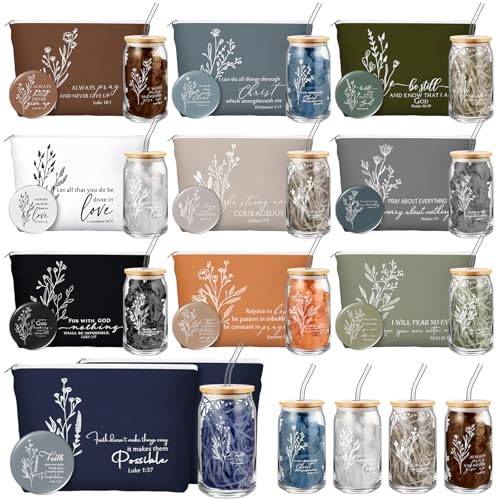 Fumete Christian Gift for Women Sunday School Teacher Thanksgiving Flower Makeup Bag Bible Verse Coffee Cup with Bamboo Lid Straw Pastor Wife Mini Compact Mirror Religious Church Gift(Bible-d,10 Sets)