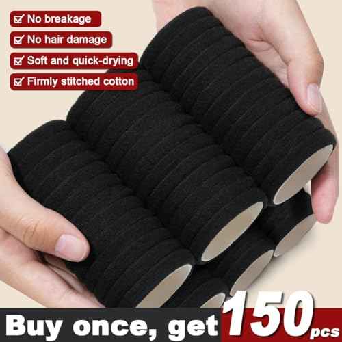 150PCS Hair Ties, IKOCO Black Hair Ties for Women No Damage, Cotton Seamless Ponytail Holders for Thick Hair