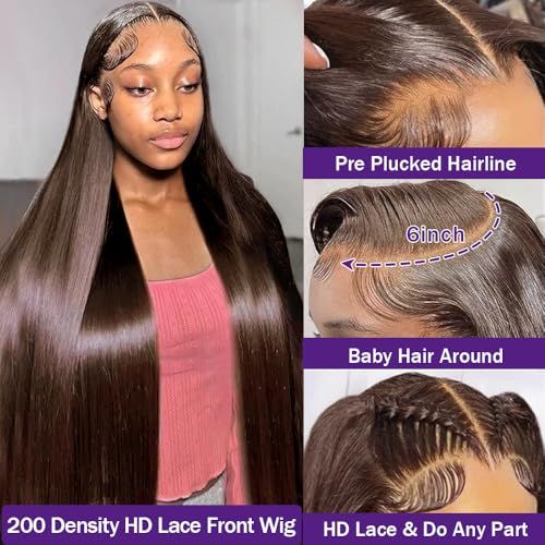 22 Inch Brown Wig Human Hair 200 Density 13x6 Transparent HD Straight Lace Front Wigs Human Hair Pre Plucked Colored Frontal Wigs Human Hair Chocolate Brown Wig Human Hair Wigs for Women
